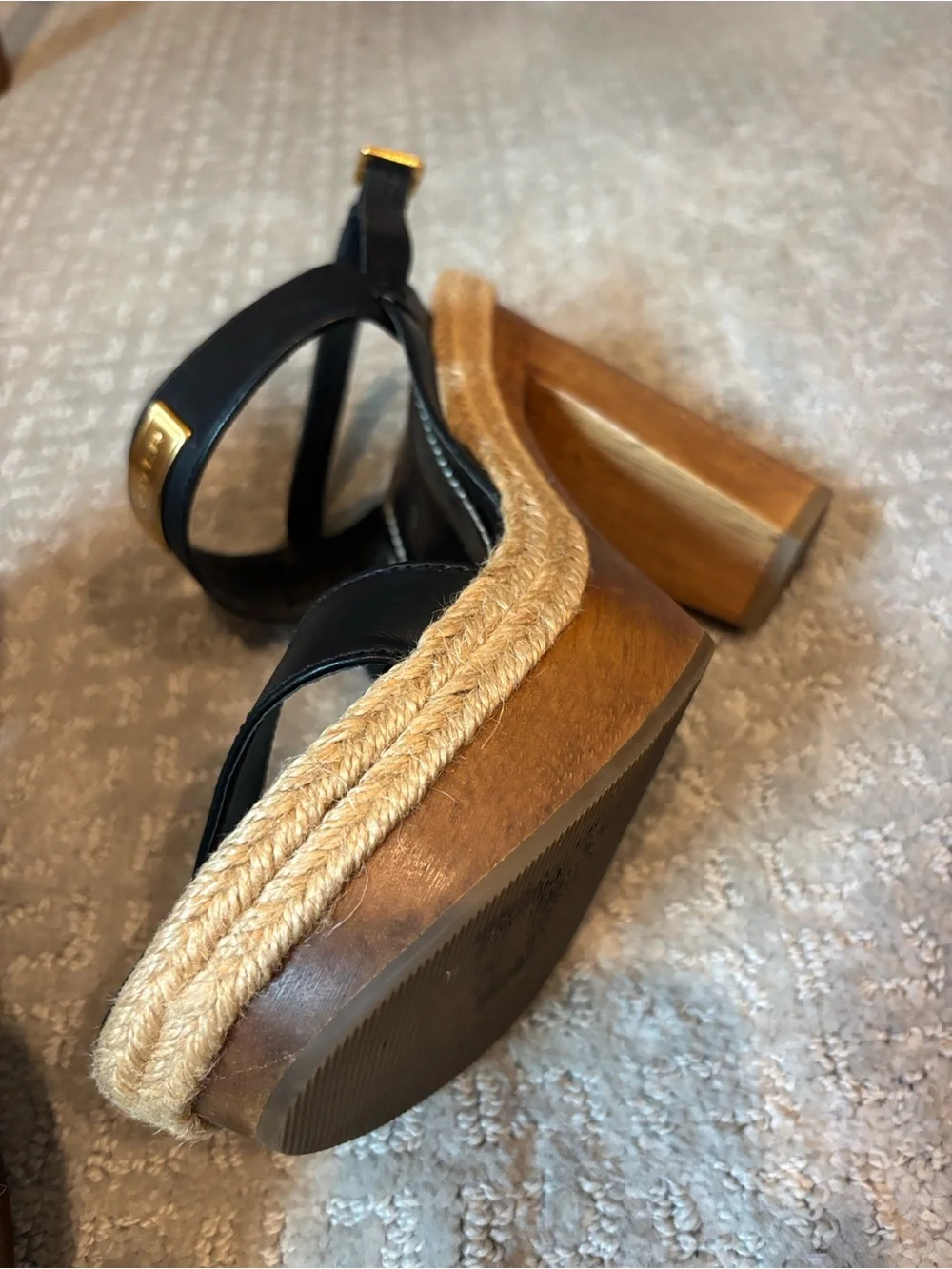 HUNTER Gonave Leather and Wood Block Heel Platform Espadrille Sandals, 9 GUC